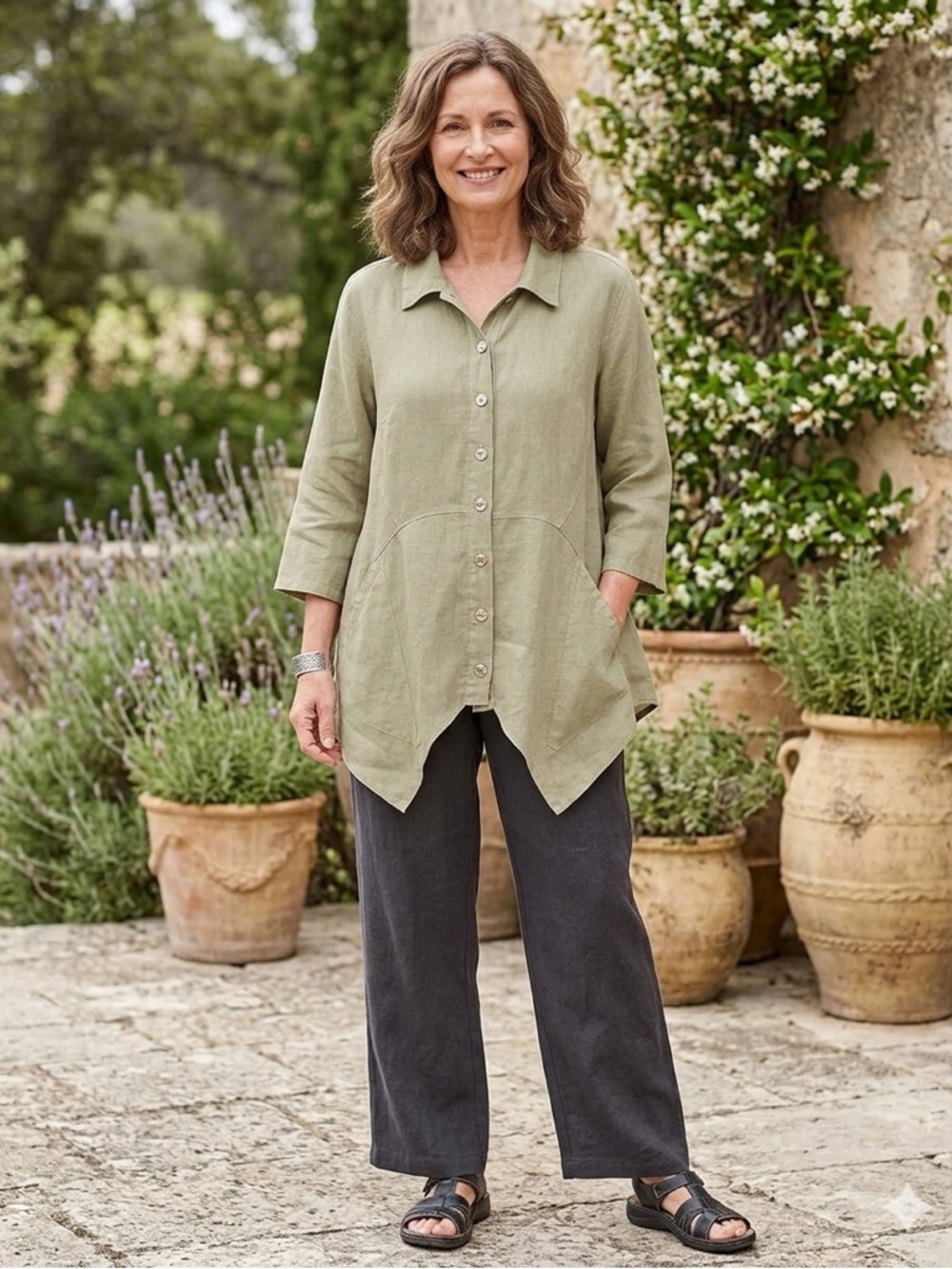 Click Large Linen Tunic Lagenlook Asymmetrical Hem Button Down Shirt Sage Green